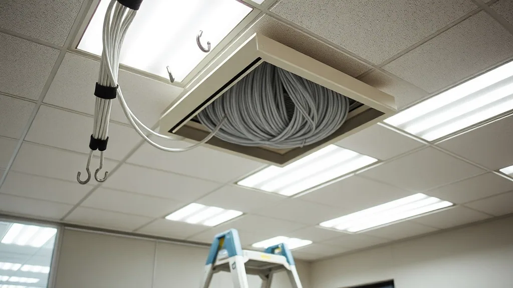 New data cable bundled on J hooks above a lifted ceiling tile, a step ladder standing below in an empty office.