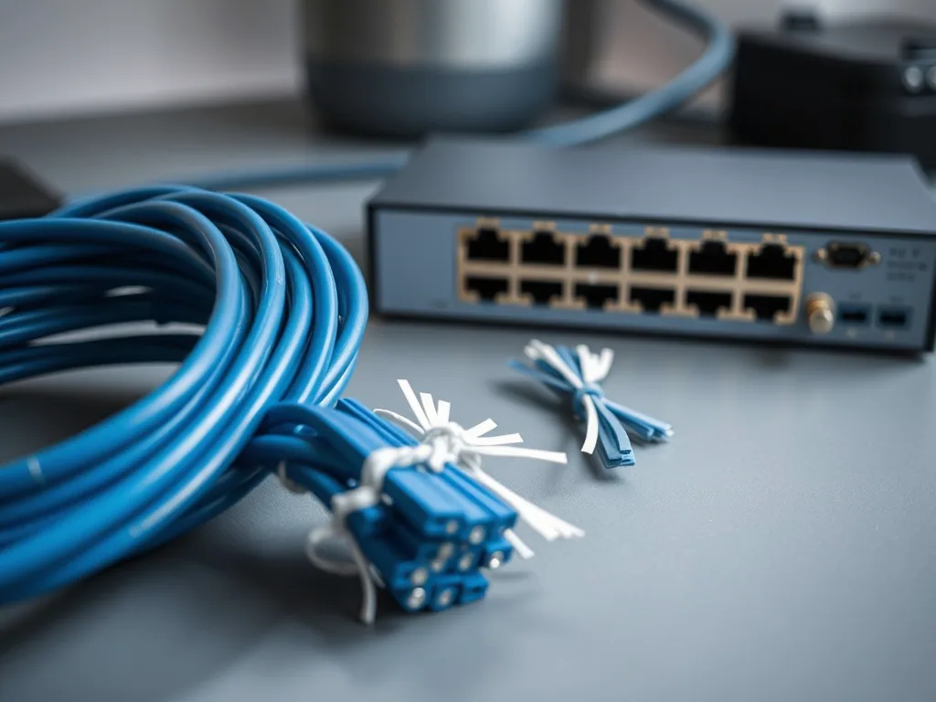A coil of blue patch leads and cable ties on a desk beside the rear ports of a small switch.