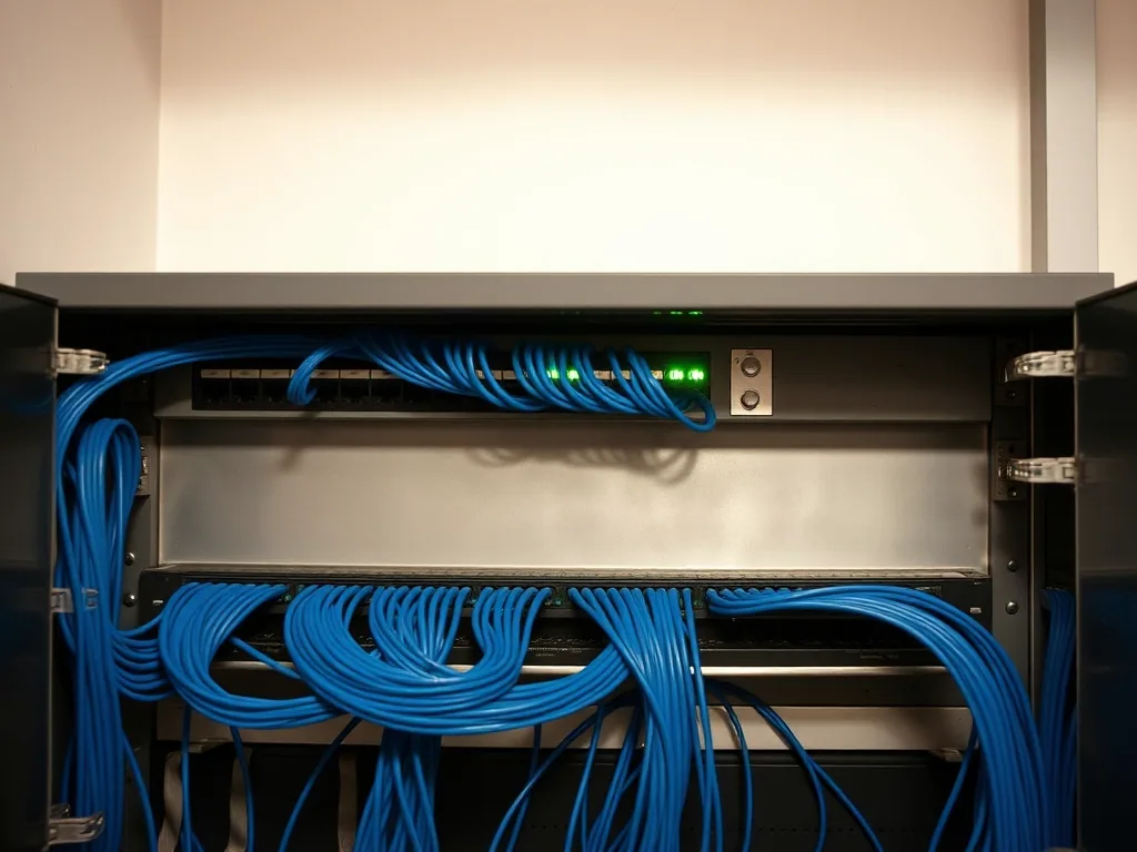 An open wall cabinet with a patch panel, combed blue patch leads and a switch showing link lights.
