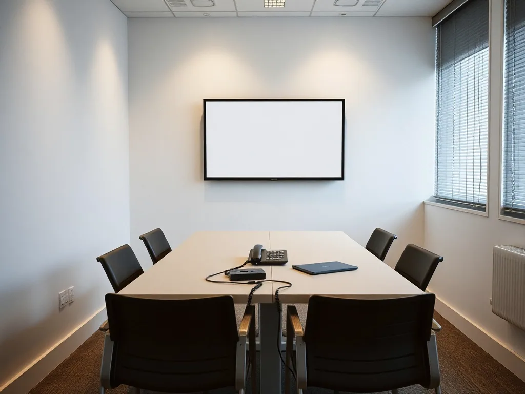 A small meeting room with a blank wall display and a conference speakerphone on the table.